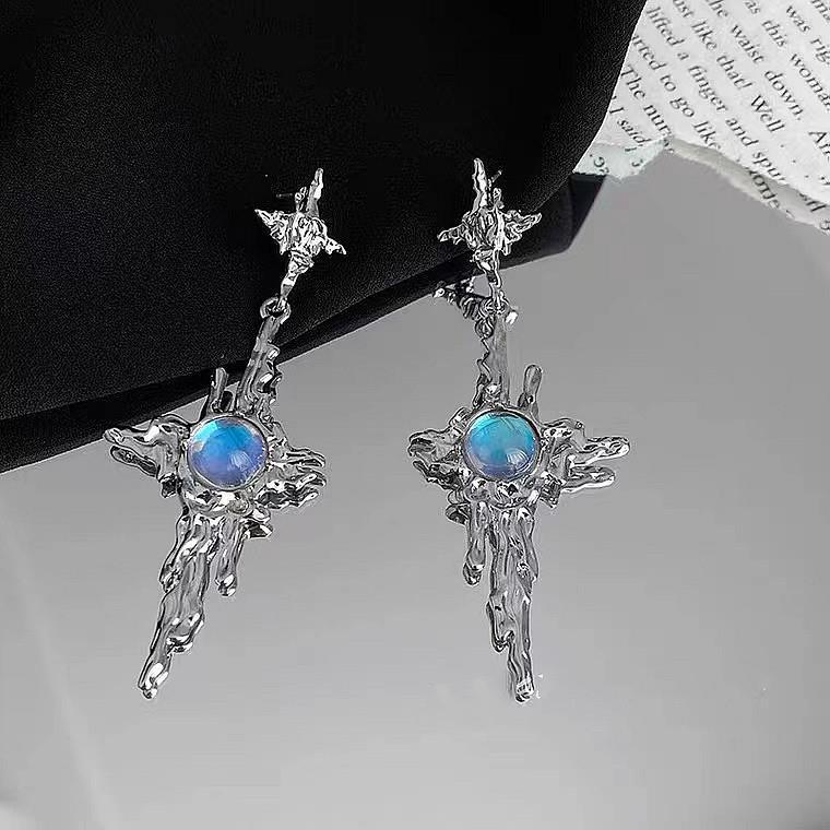 S925 Sterling Silver Geometric Moonstone Earrings - Korean Cool Style Dangle