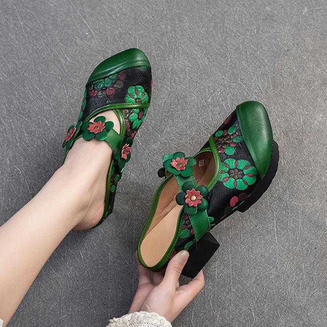 Johnature Ethnic Style Thick Heel Round Toe Outdoor Slippers Retro Printed Genuine Leather Women's Shoes