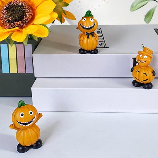 Halloween Cartoon Pumpkin Figurine Creepy Pumpkin Man Resin Statue Sculpture Holiday Party Desktop Decoration Ornament