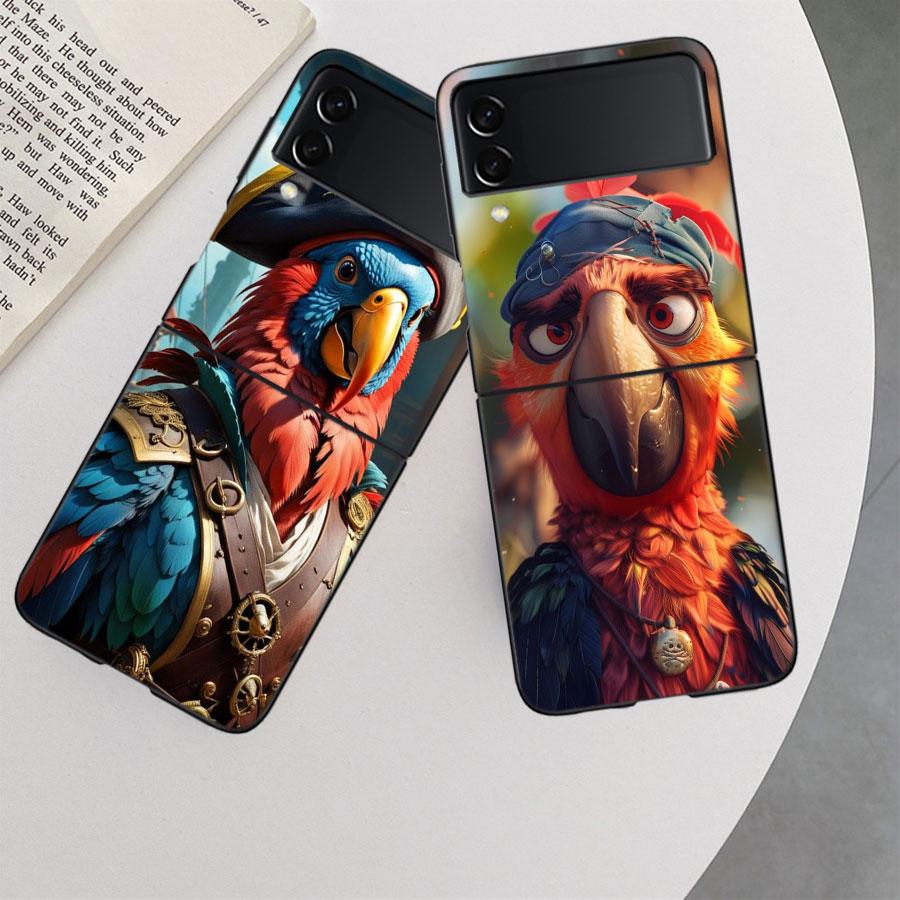Macaw Pirate Phone Case For Samsung Z Flip 7 6 5G Galaxy Z Flip 5 4 3 Black Hard Cell Cover Luxury PC Shell Coque