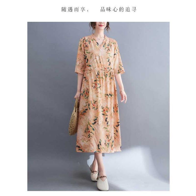 Plus Size V-ringad Långklänning Etniskt Tryckta Delade Ärmar Lös Midja Knytdetalj Klänningar