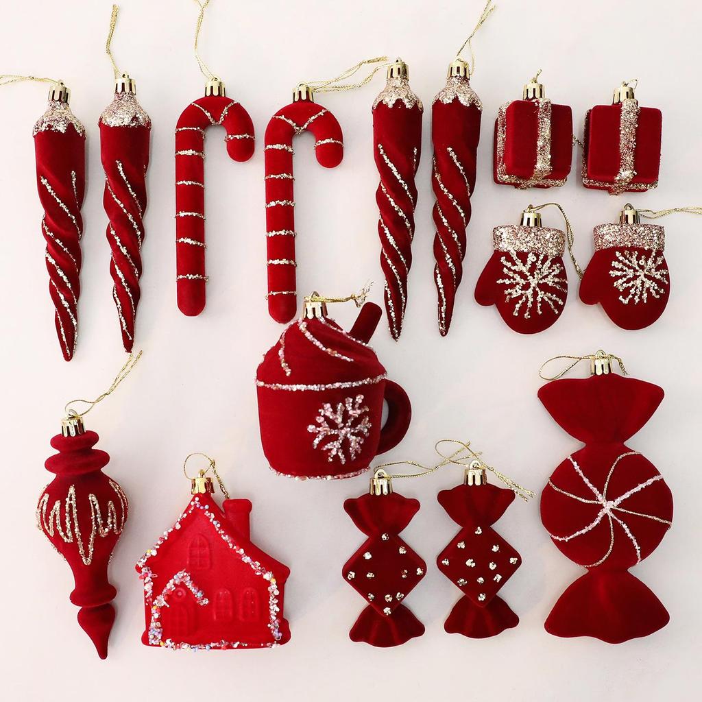 Velvet Christmas Ornaments, Red Assorted Festive Designs, Holiday Tree Decorations