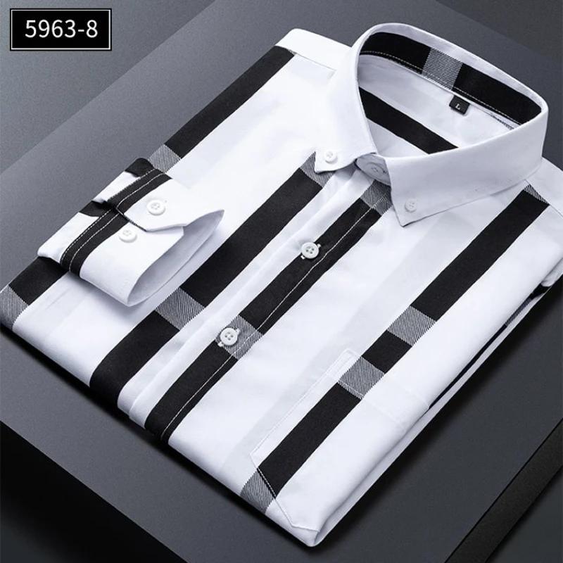 Men's Striped Shirts Formale Casual Printed Plaid Shirt Long Sleeve Slim Fit Botton Down Male Office Business Dress Shirt M-5XL