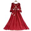 Ethnic Style Red Splicing Woven Fringed V-neck Long-sleeved Dress Women's Summer Waist and Thin Big Swing Dress