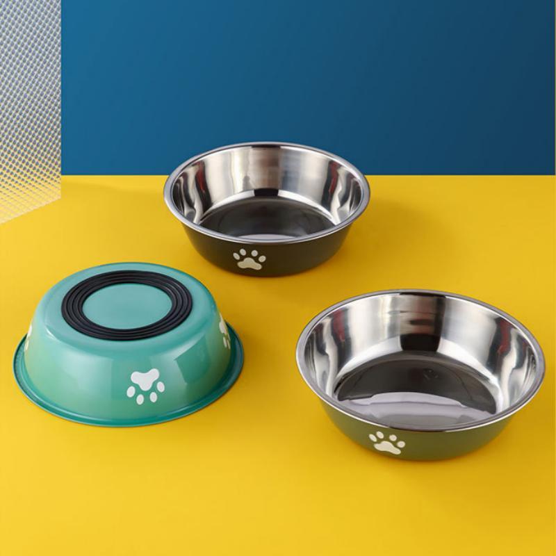 Stainless Steel Pet Water Food Bowl with Paw Print Anti-slip Silicone Base Feeder for Dogs Cats Home Outdoor Use