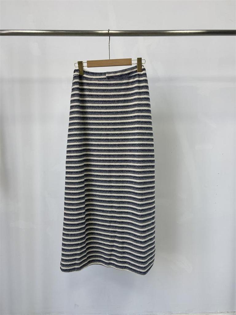 2025 Autumn/Winter Women's Korean Long Tie-Waist Striped Half Brushed Skirt