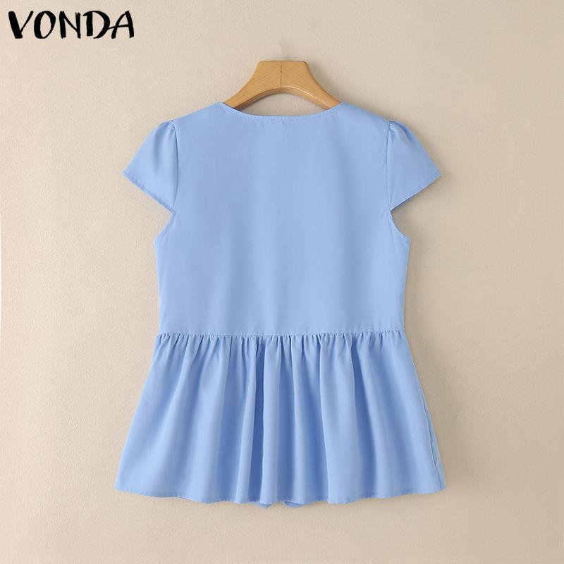 VONDA Summer Women Crew Neck Short Sleeve Solid Color Ruffled Casual Blouse