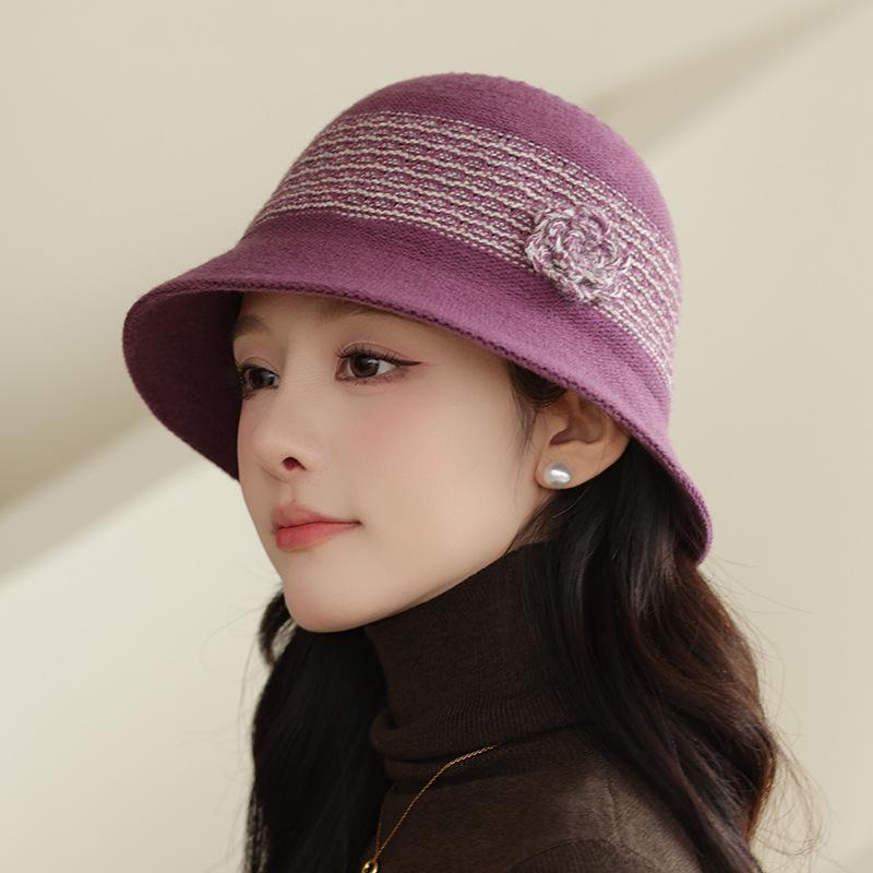 New Knitted Bucket Hat Women Autumn and Winter Warm Ear Protection Fashion Flower Elegant Mother Basin Hat