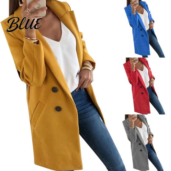 Solid Color Fashion Overcoat Coat Slim Fit Sleeve Lapel Women Long Pocket Button