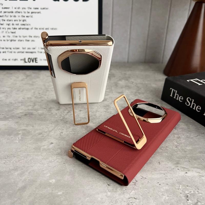 Luxury Dual Strap Leather Case For Huawei Mate XT XTs Dual Hinge Protection Metal Rotatable Stand Smart View Window Full Cover