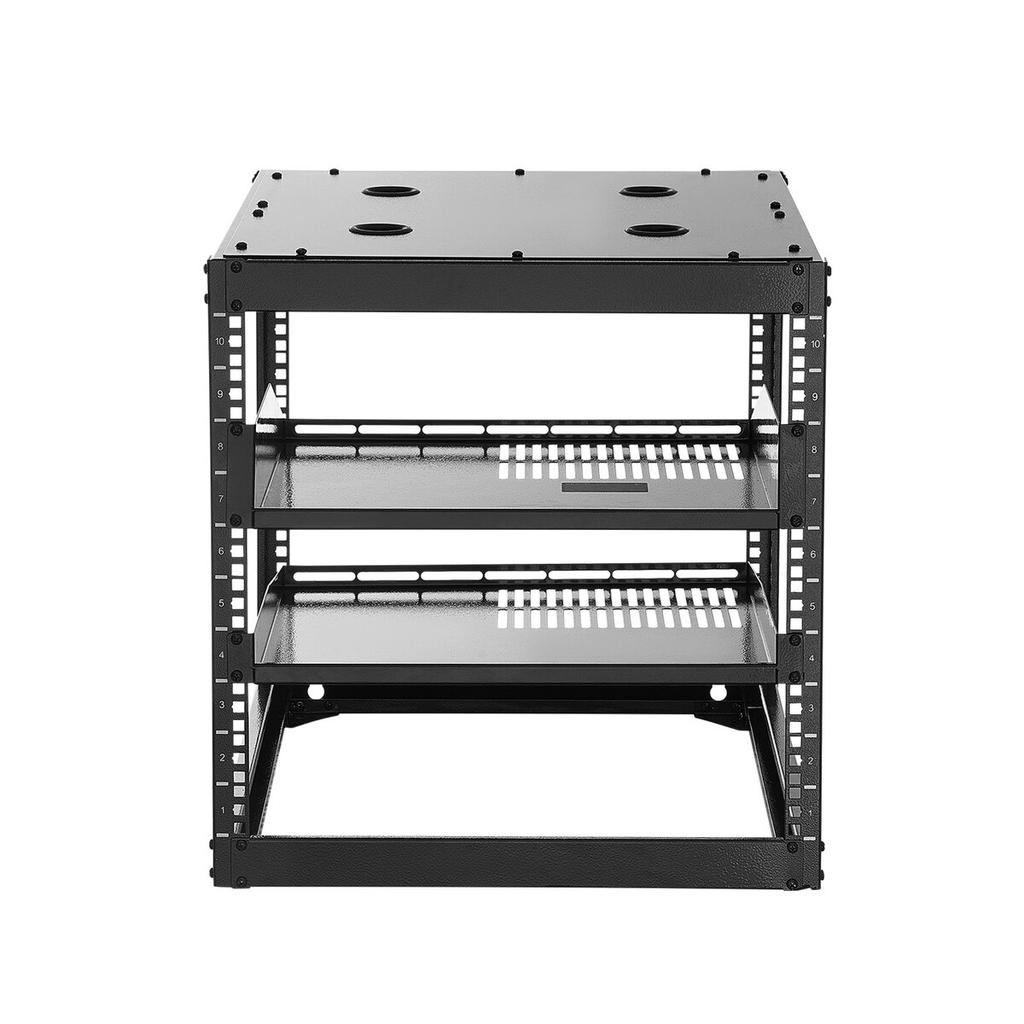 10U Open Frame Network Rack, 585 mm Depth, Wall Mounted or Floor Standing Server Rack, Heavy Duty 4 Post, with Vented Shelves & Mounting Hardware,