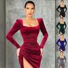 New Women's Elegant Sexy Square Neck Ruched High Waist Bodycon Split Dress Temperament Sexy Square Collar Retractable Small Dress