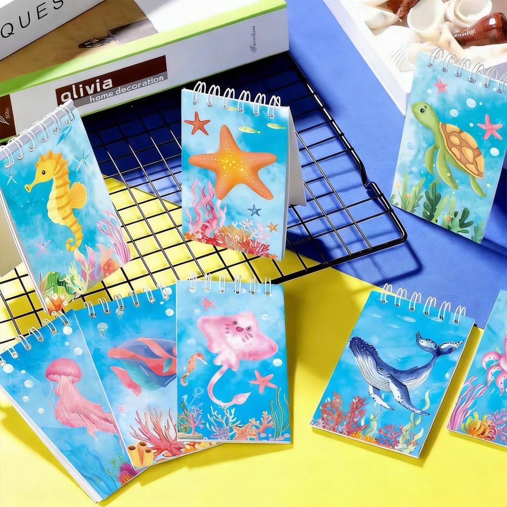 8pcs Ocean Theme Spiral Notebook Marine Life Pocket Memo Pad Portable Tear-Off Notepad Student School Office Supplies Stationery