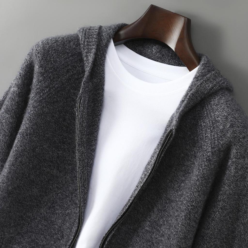 Herren Kapuzen-Reißverschluss-Strickjacke aus reiner Wolle - Dicker Strickpullover-Mantel für Freizeit oder Business