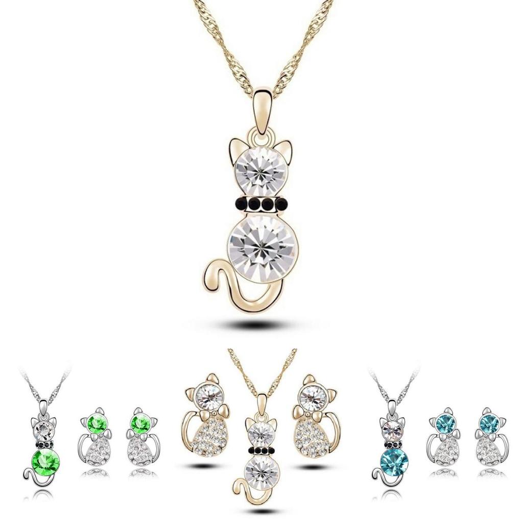 Cat 3pcs Crystal Shaped Necklace Earrings Jewelry Set Gift Teen Girls For Women