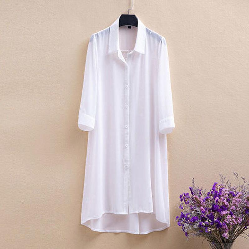 

Летняя женская шифоновая рубашка, тонкая куртка средней длины, женская солнцезащитная одежда среднего возраста с семиминутным рукавом