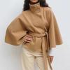 European & American Women's British Style Cape with Stand Collar & Belt for Autumn/Winter