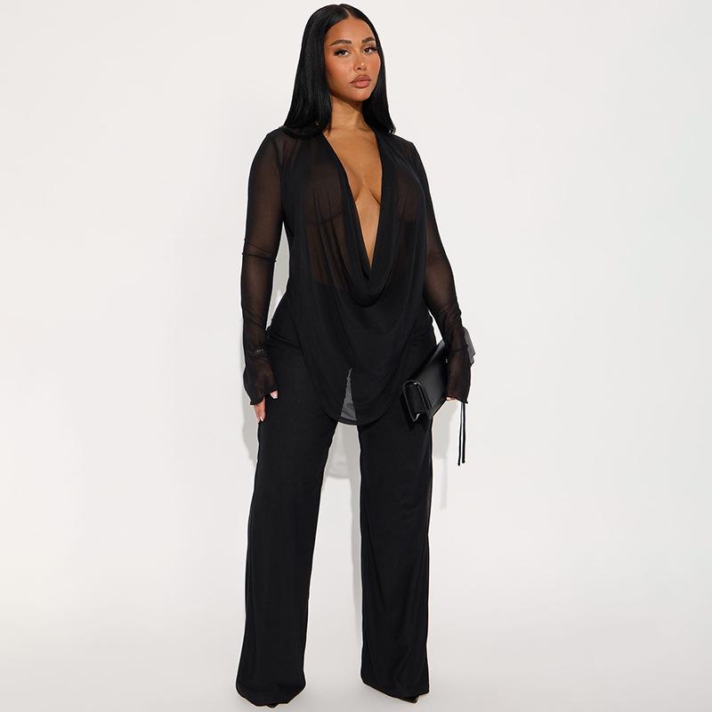 

European & American Women s Sexy Mesh Draping Collar Tie-Up Long Sleeve Top & Slim Fit Long Pants Set XS
