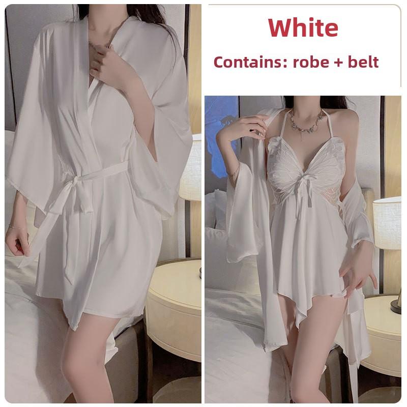 Sexy Ice Silk Large Size Pajamas Plus Chest Pads Gather Bow Nightgown Robe Loungewear Set