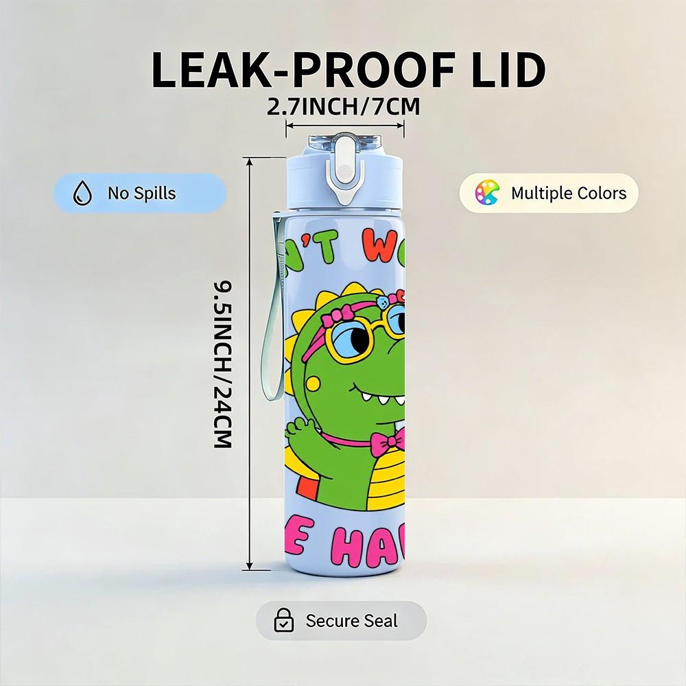 1PC Happy Green Dinosaur Slogan Print 750ml Color Plastic Sports Water Bottle Leakproof Flip Straw Lid Suitable for Sports Office Home Use