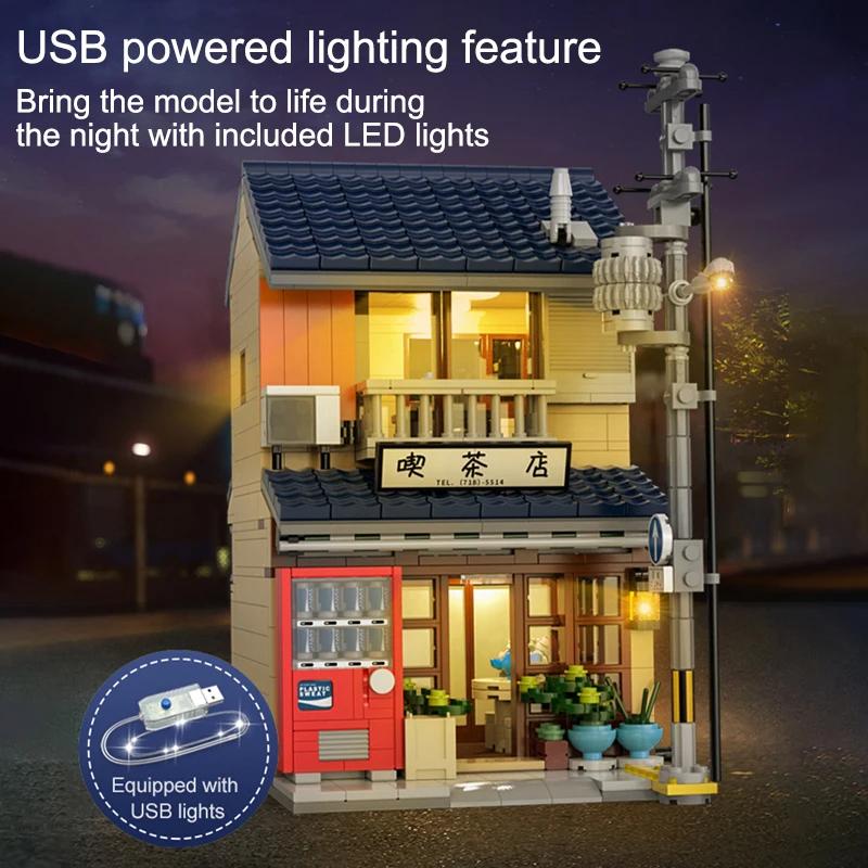 Non-Toxic 1200Pcs Japanesetea House Building Blocks City Street View Model Bricks Set With Light Idea Desktop Decoration Children Diy Toys