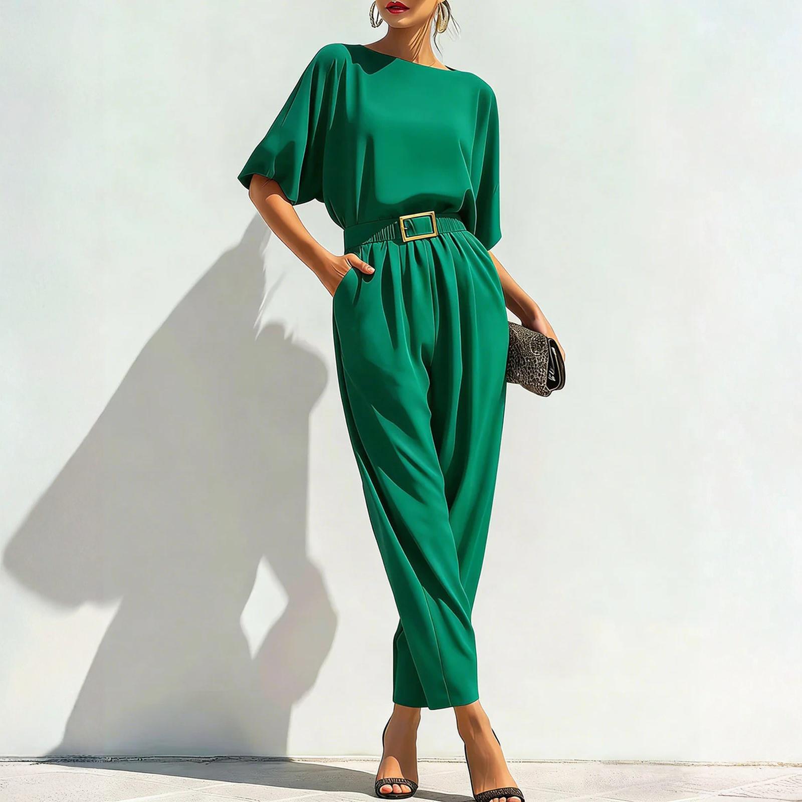 Комбинезоны для женщин Глубокий короткий рукав Комбинезон Свободный крой Рабочие комбинезоны Элегантный Повседневный Летние комбинезоны XXL зелёный