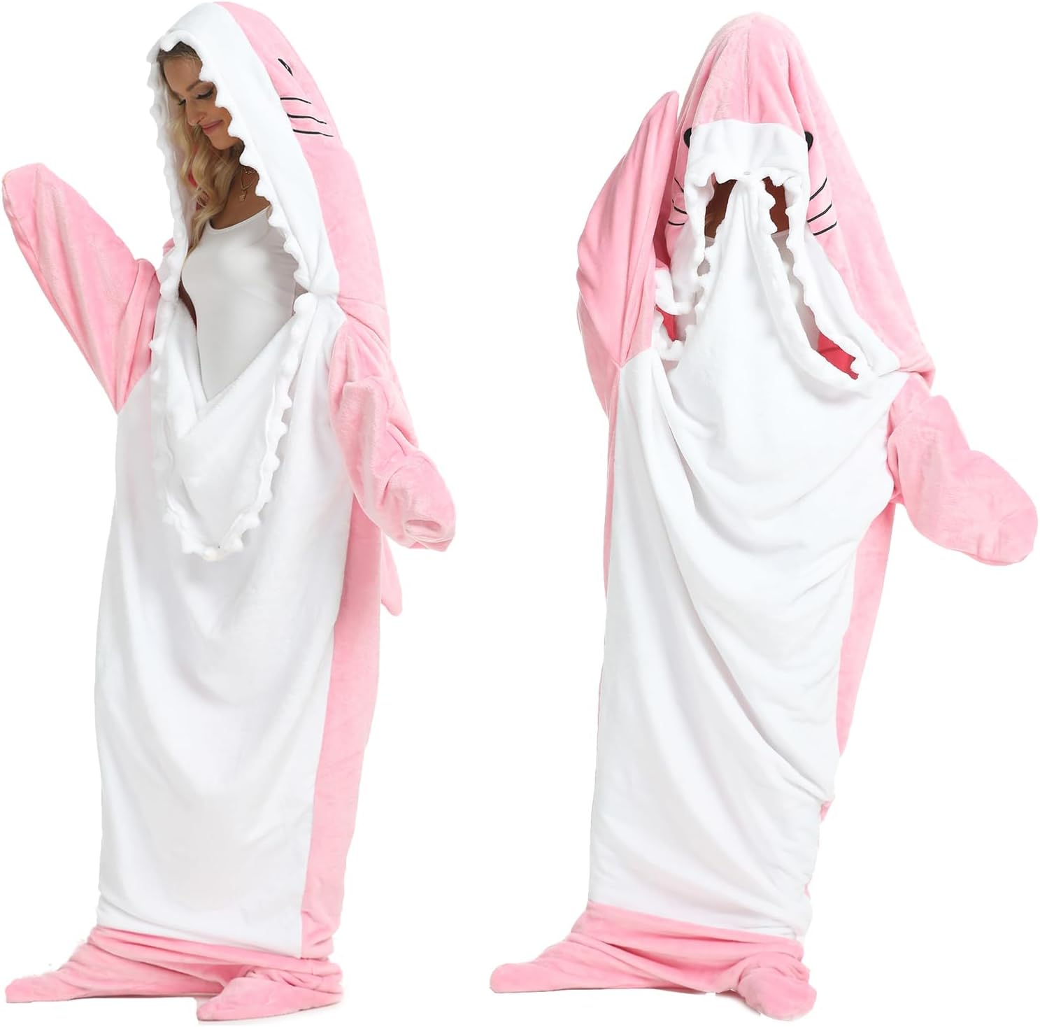 

Одеяло-акула для взрослых и детей - Уютное и теплое носимое одеяло-акула из фланели с капюшоном-худи, комбинезон X-Large розовый