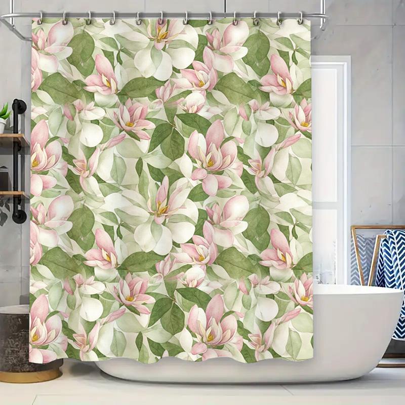 

Watercolor Style Bloom Bath Curtain Floral Print Shower Curtain Soft Green Pink White Leaves Waterproof Decorative Home Decor 72 W60H190(CM)-1 Pcs