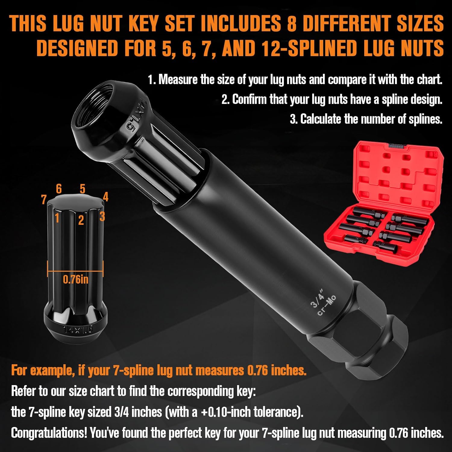 

8-Piece Spline Lug Nut Socket Set, SAE & Metric Universal Wheel Lock Key for 5/6/7/12 Spline & Hex United States