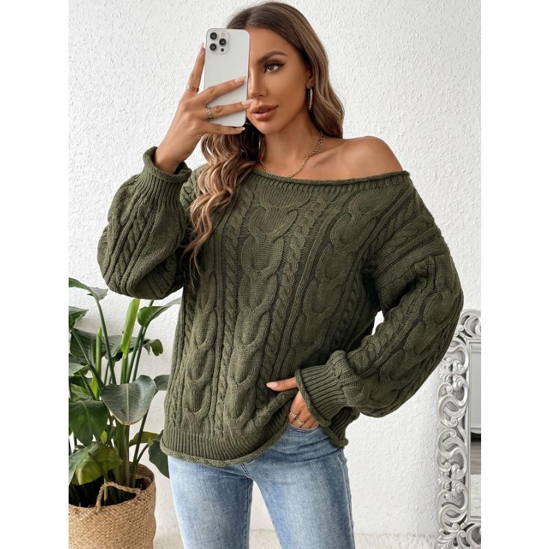Women Casual Loose Off Shoulder Long Sleeve Cable Knit Pullover Sweater