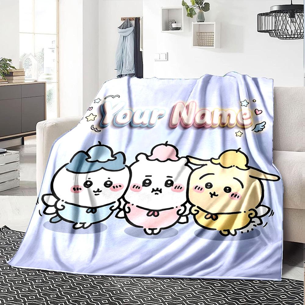 1pc Chiikawa Blanket with Custom Name, Gift, for Men and Women, Soft Blanket, Good for Sofa Bed Couch Travel, Lightweight Flannel Blanket