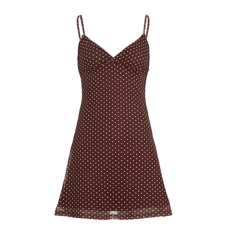 

Polka Dot Slim Fit Mini Dress for Women – Sleeveless Spaghetti Strap Summer Waist-Cinched Short Dress, Brown/Black Options L світло-коричневого кольору