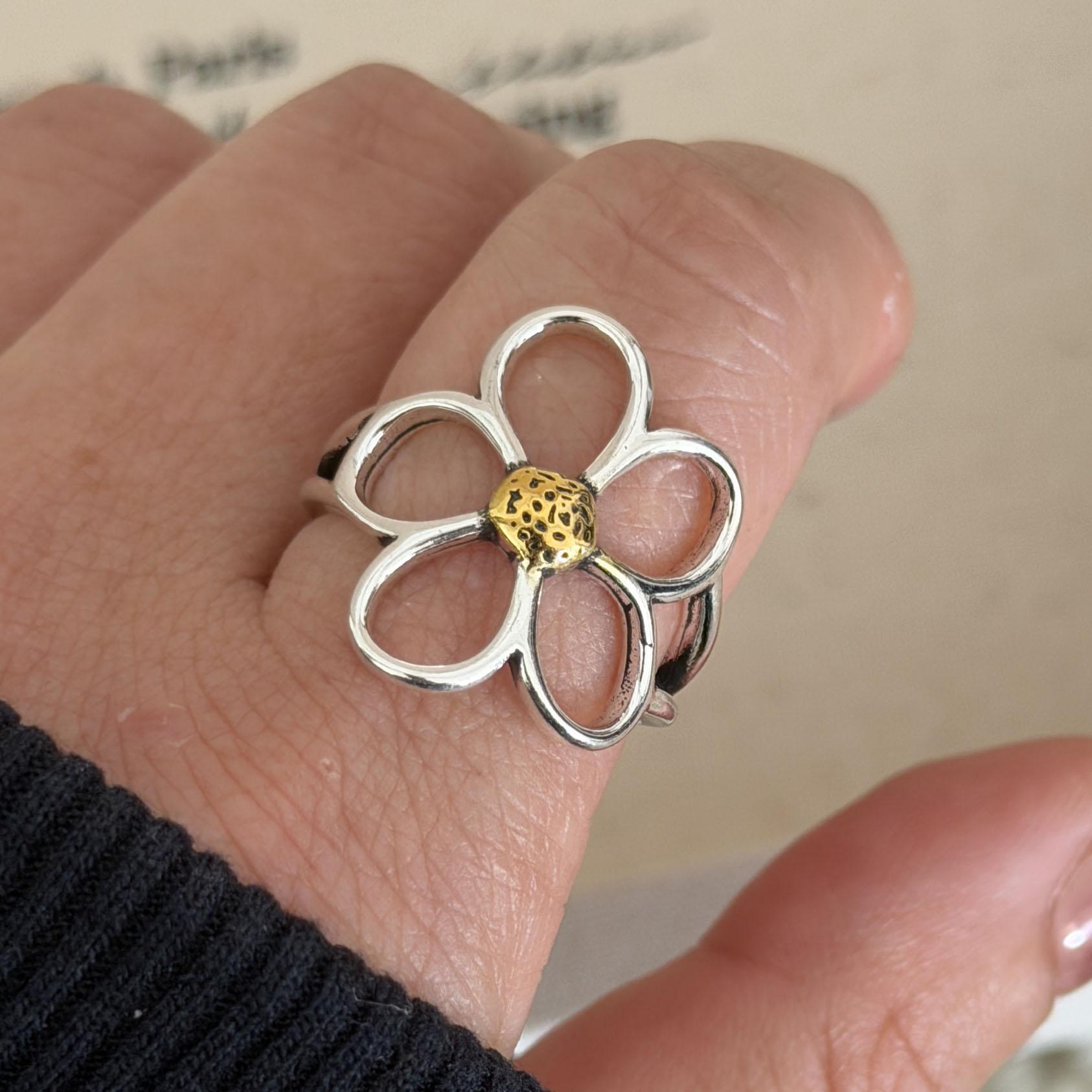 

BF CLUB 925 Sterling Rings for Women Simple Geometric Handmade Irregular Retro Gold Hollow Flower Ring Allergy For Birthday Gift resizable
