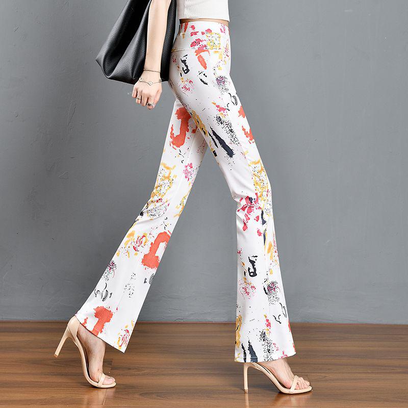 2024 Summer Women's Slimming Stretchy Micro-flare Long Pants with Printed Elastic Waist