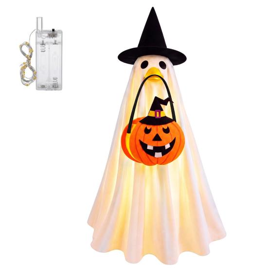Luminous Witch Costume for Girls Halloween Glowing Ghost with Hat & Pumpkin Tote Bag, LED Holiday Photo Prop Outfit Light Up Fabric Kids, Spooky