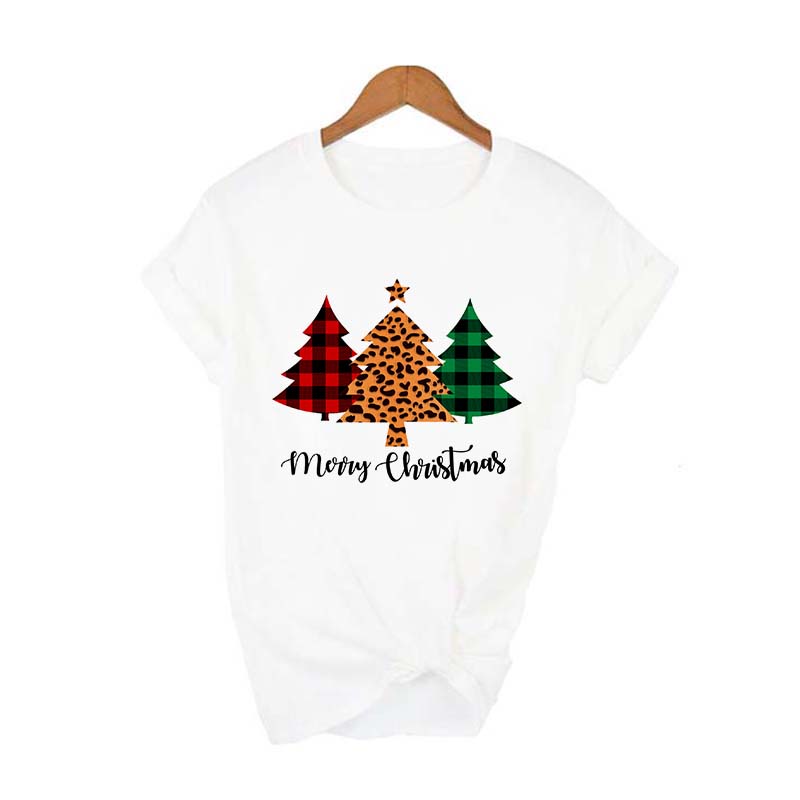 Merry Christmas Plaid Tree Printed T Shirt Fashion Graphic Women Top Tshirt Female Kawaii Tee Ladies