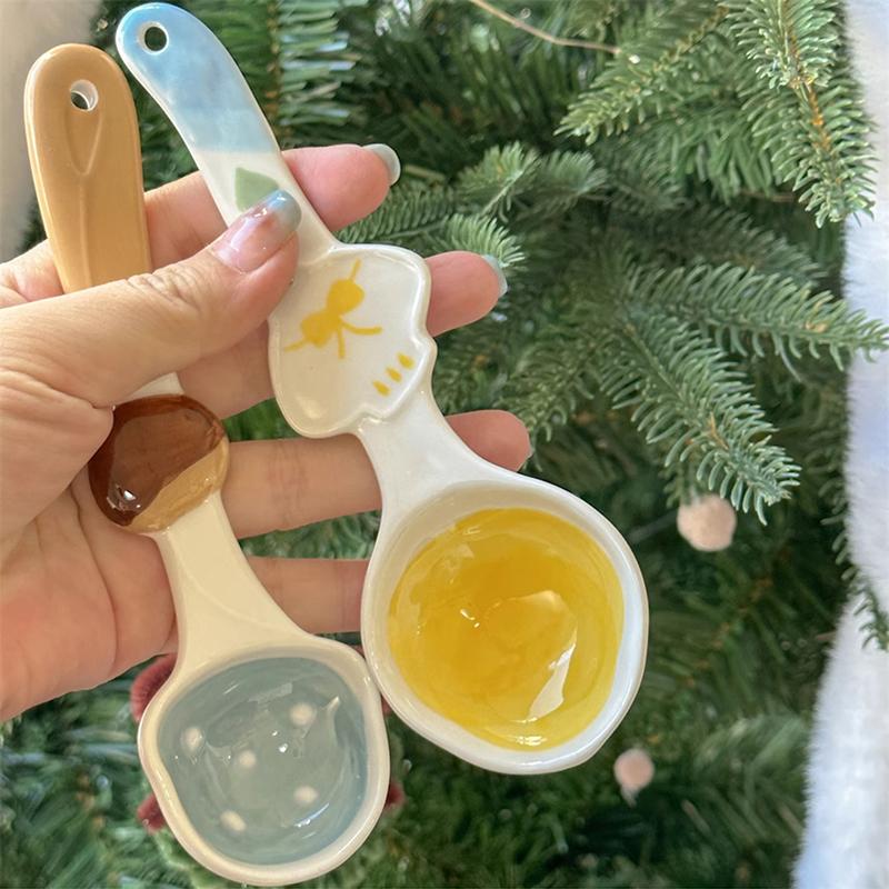 Kawaii Cherry Ceramic Soup Spoon Cute Korean Ice Cream Hand Painted Dessert Spoon With Long Handle Kitchen Tableware Accessories