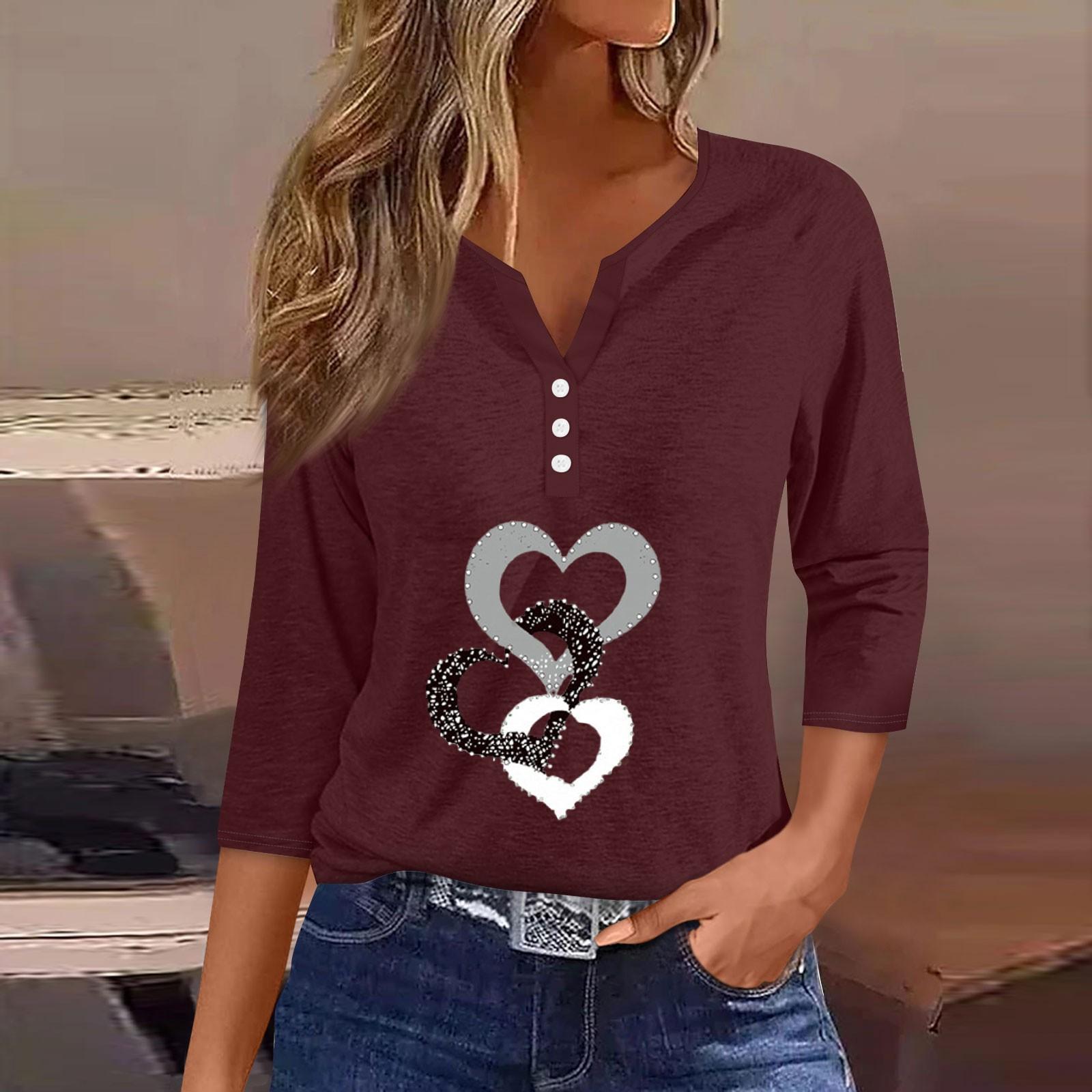 

Women s T Shirt Tee Print Button 3/4 SleeveDaily Weekend Fashion Basic V- Neck Regular Top M винний