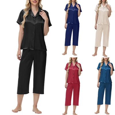 2 Adet/Set Buz İpeği Pijama Yaka Düğmeli Uzun Kollu Gömlek Lastikli Bel Geniş Paça Kesik Pantolon Ev Giyim Günlük Kıyafet İlkbahar Uyku Giyim