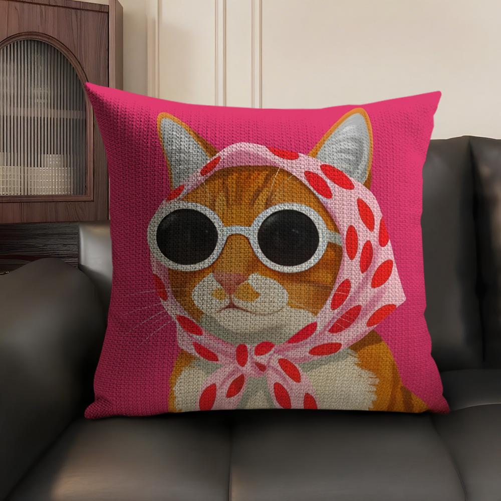Art Cat Cute Cushion Cover Summer Breathable Linen Organic Fabric Double-Sided Printing Sofa Pillow Case Home Decor
