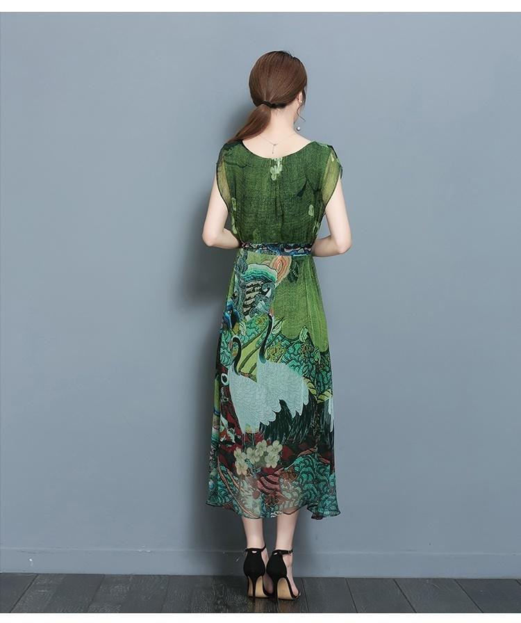 Summer Green Vintage Floral Print Dresses Women O-Neck Short Sleeve Silk Dress Size Plus S-5XL