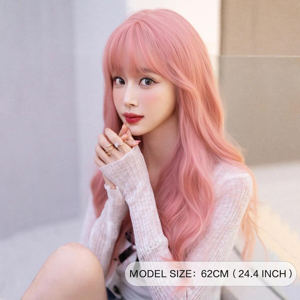 PERRUQUES Perruque rose longue ondulée pour femmes Fête quotidienne Perruques de cheveux synthétiques d'aspect naturel avec frange moelleuse 24 pouces
