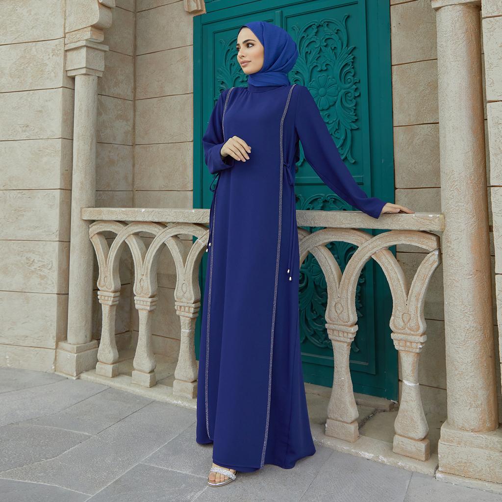 Side Tie Long Sleeve Plus Size Muslim Women Dress Abaya