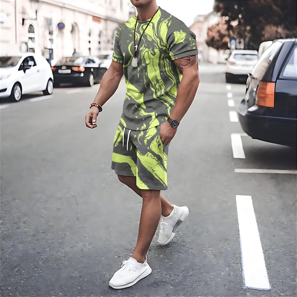 Fashion Men T Shirt Shorts 2 Piece Sets Summer Mesh Tracksuits Oversized T-shirts Suits O Neck Sportswear Print Men's Clothing