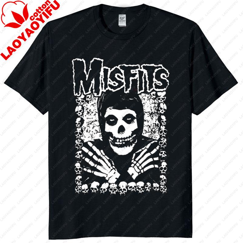 Unisex Vintage Punk Tee Misfits Style Distressed Skull Graphic Classic Streetwear Top Daily Wear