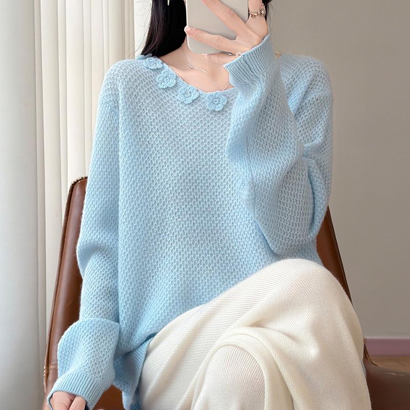 100% Silk Wool French Floral Patchwork Collar Sweater - Women's Autumn Winter Crochet Knitwear, Lazy Style