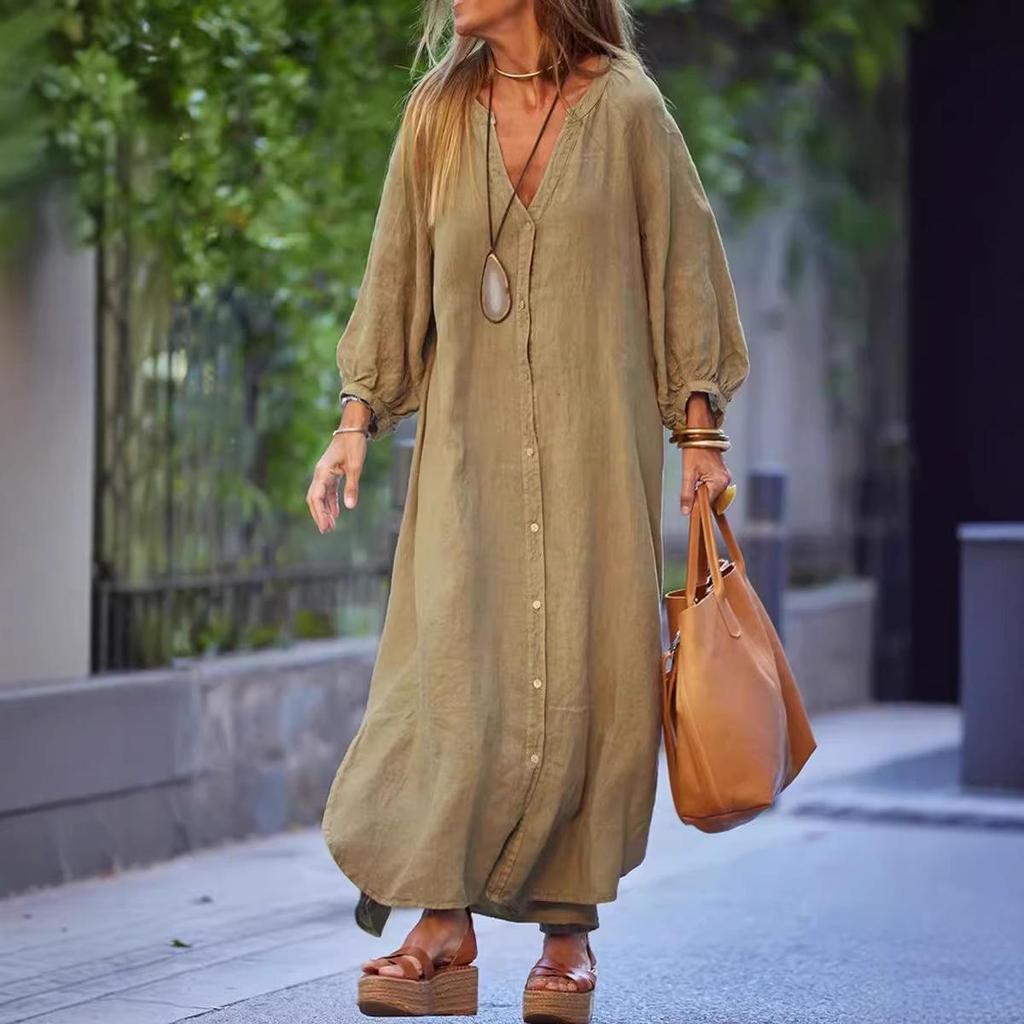 2026 Spring/Summer Women's Cotton Linen Long Sleeve Cardigan Dress