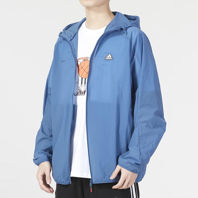 Adidas Solid Color Logo Embroidered Breathable Hooded Jacket Men Outerwear Blue IA8149