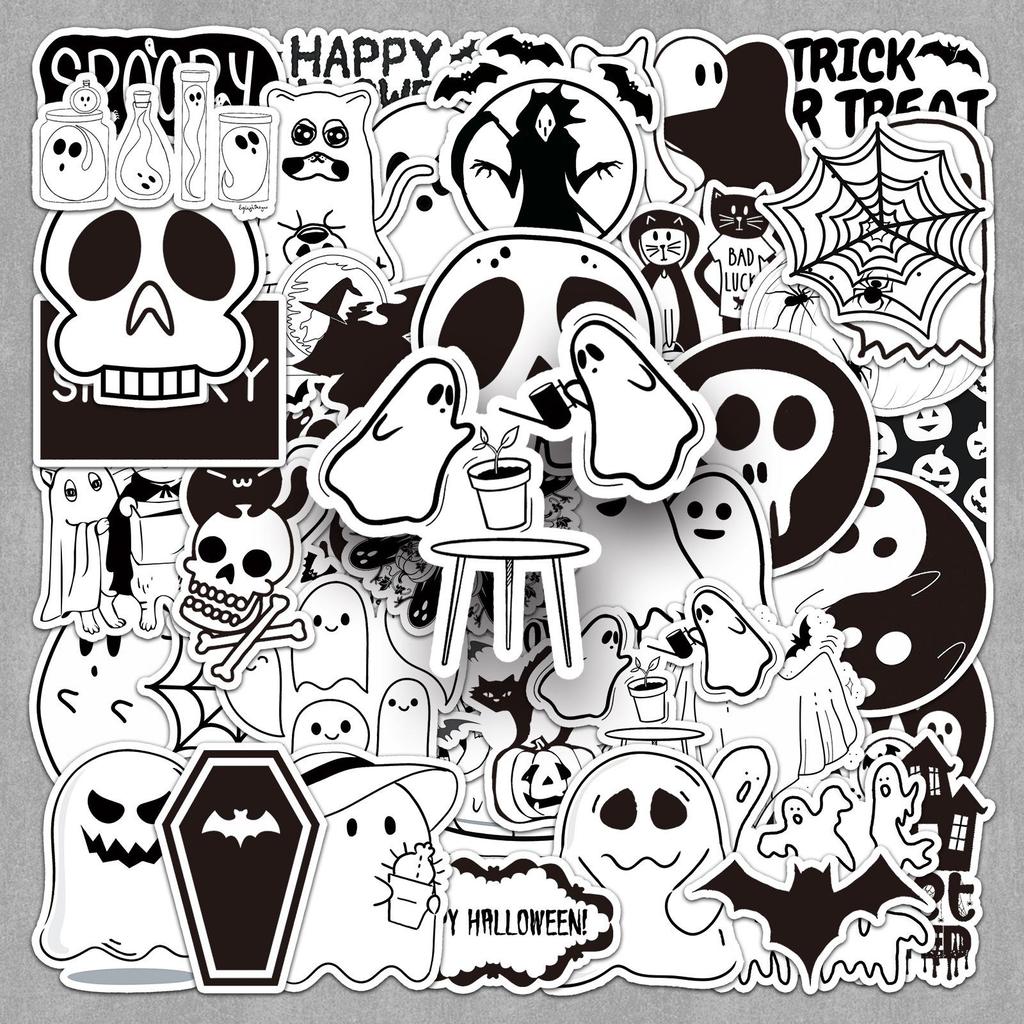 50 Schwarz-Weiß Halloween-Aufkleber: Cartoon Gruselige Q-Version für DIY-Notizbuch-, Tagebuch- oder Kofferdekorationen (50 Blatt)