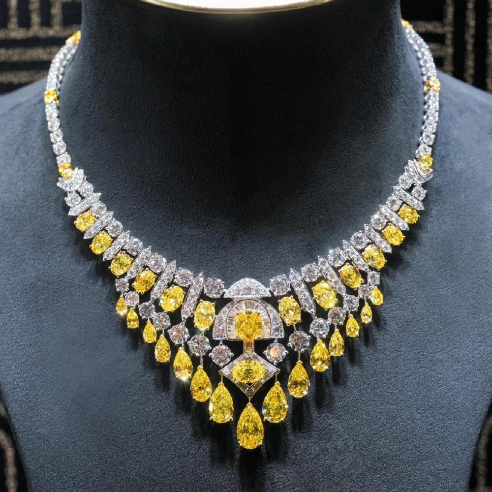 Royal Blue Sapphire Necklace Wedding Party Pink Diamond Set Light Luxury Yellow Diamond Jewelry for Women